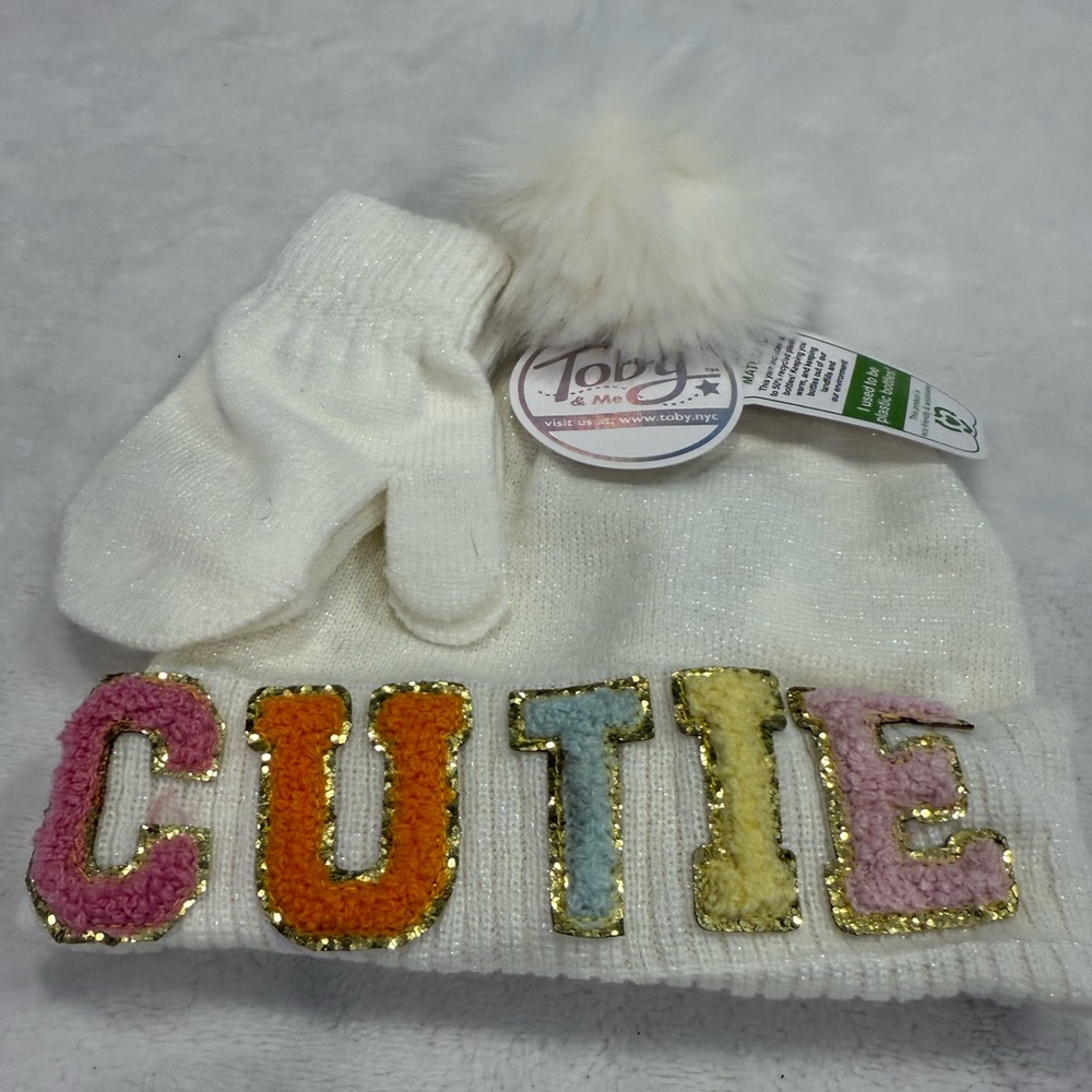 Toby toddler warm beanie mitten set cream metallic pastel ‘CUTIE’ beanie patch